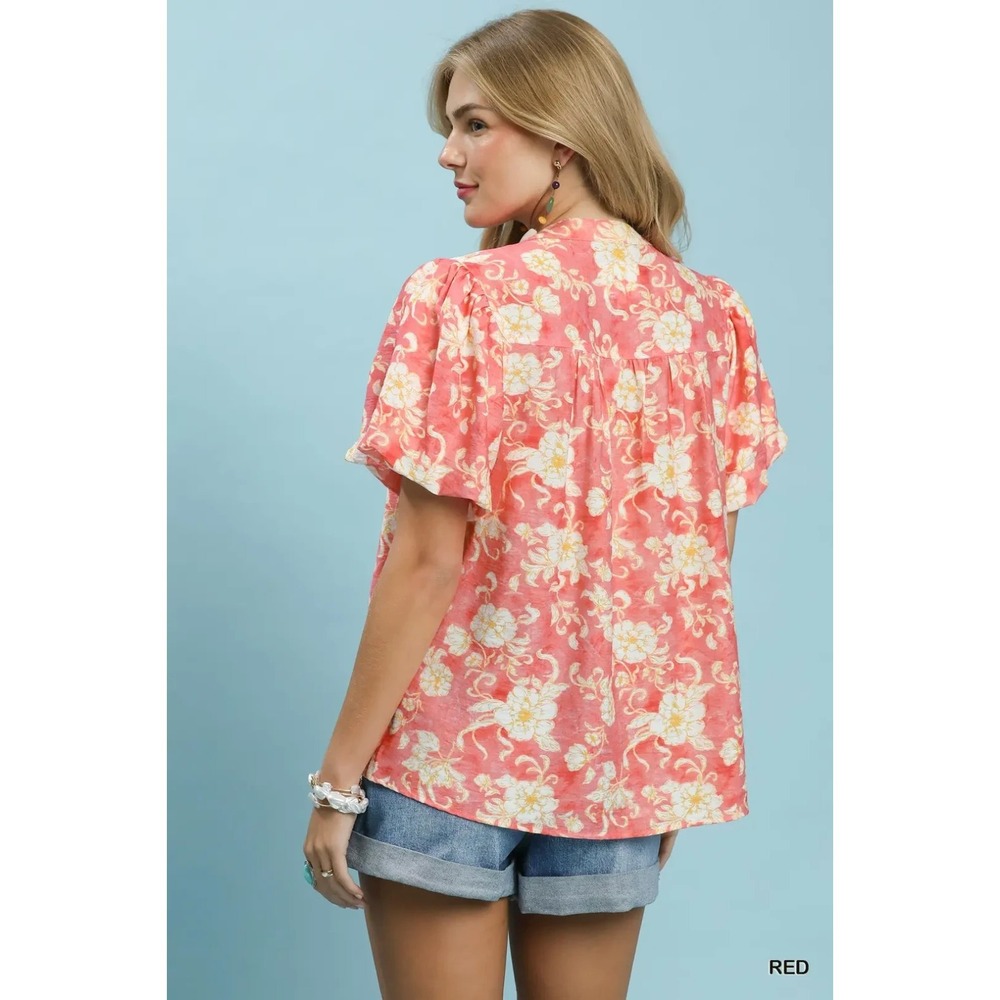 Umgee Floral Button-Front Short Sleeve Shirt Large - Picture 3 of 5